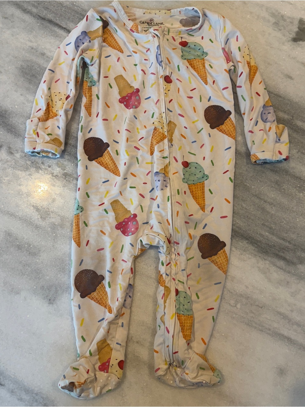 Caden Lane Ice Cream Cone & Sprinkles Print Zipper Footie 3-6M Viscose Bamboo